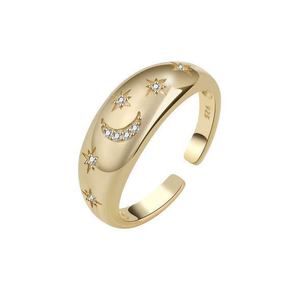 Women's S925 Silver Retro Light Luxury Geometric Star And Moon Adjustable Open Ring With Electroplated Finish