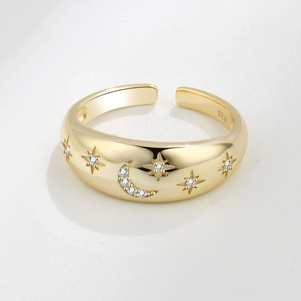 Women's S925 Silver Retro Light Luxury Geometric Star And Moon Adjustable Open Ring With Electroplated Finish