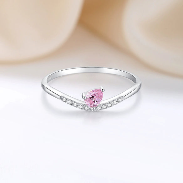 Women's S925 Silver Ring With Drop Shape And Pink Zircon Diamond Design Simple Natural Style