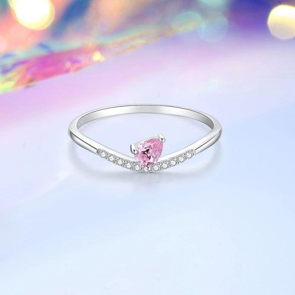 Women's S925 Silver Ring With Drop Shape And Pink Zircon Diamond Design Simple Natural Style