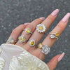 Women's S925 Silver Ring With Geometric Style And Sunflower Pattern Electroplated