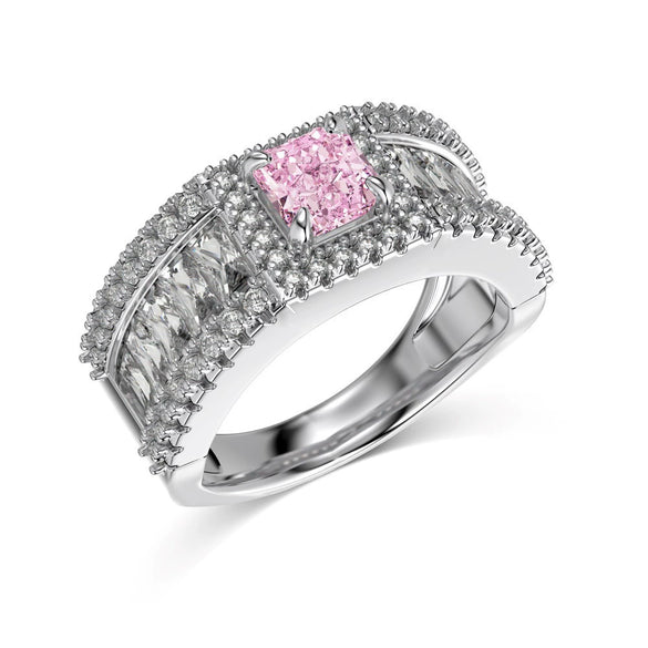 Women's S925 Silver Ring With Heart Shape And Geometric Pattern Electroplated Set With 8A Zircon And Rhinestone Elegant Style