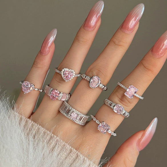 Women's S925 Silver Ring With Heart Shape And Geometric Pattern Electroplated Set With 8A Zircon And Rhinestone Elegant Style