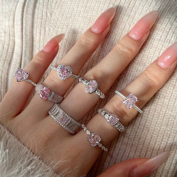 Women's S925 Silver Ring With Heart Shape And Geometric Pattern Electroplated Set With 8A Zircon And Rhinestone Elegant Style
