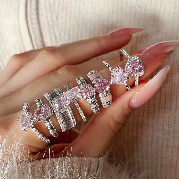 Women's S925 Silver Ring With Heart Shape And Geometric Pattern Electroplated Set With 8A Zircon And Rhinestone Elegant Style