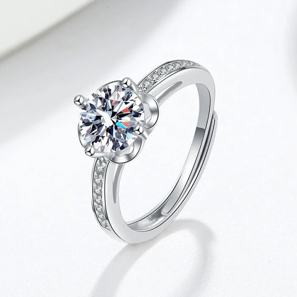 Women's S925 Silver Ring With Microinlaid Plum And Simulated Mosan Diamond Electroplated Geometric Design