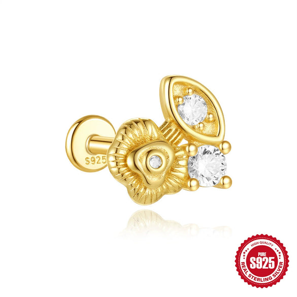 Women's S925 Silver Simple Elegant Compact Zircon Flat Puncture Earrings With Flower Design And Electroplating
