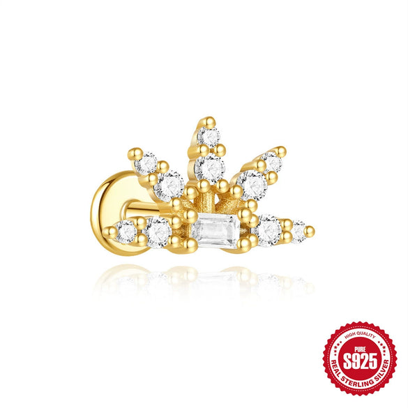 Women's S925 Silver Simple Elegant Compact Zircon Flat Puncture Earrings With Flower Design And Electroplating
