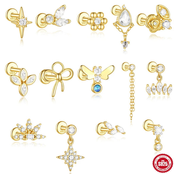 Women's S925 Silver Simple Elegant Compact Zircon Flat Puncture Earrings With Flower Design And Electroplating