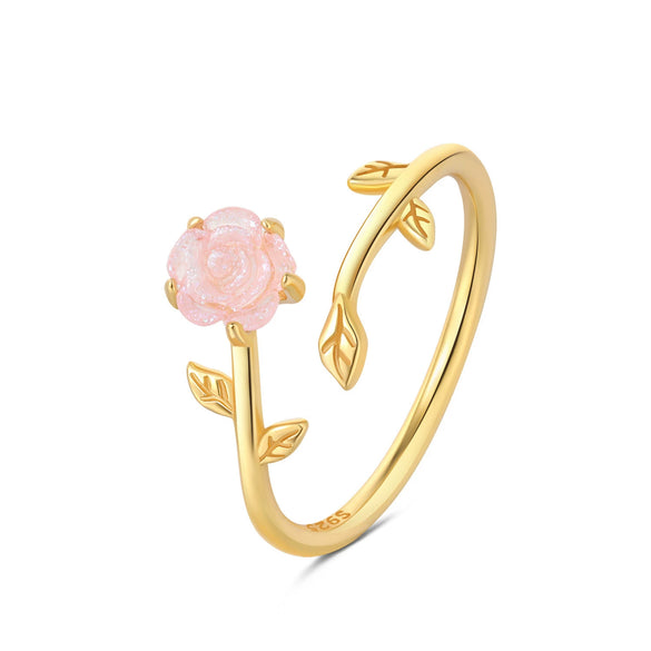 Women's S925 Sterling Silver Adjustable Geometric Bee Crown Opening Ring Natural Plants And Flowers Style