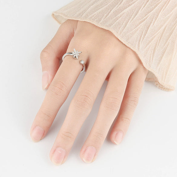 Women's S925 Sterling Silver Adjustable Open Ring With Geometric Rotating Design And Zircon Inlay Electroplated Finish