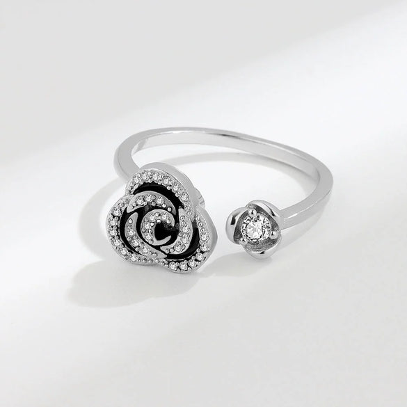 Women's S925 Sterling Silver Adjustable Open Rotating Rose Flower Ring Electroplated Geometric Natural Style Spinner Ring