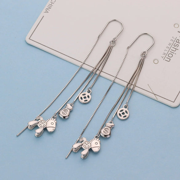 Women's S925 Sterling Silver Animal Zodiac Long Tassel Earrings Retro Fashion Statement Drop Earrings
