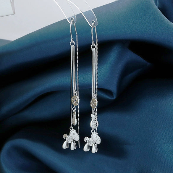 Women's S925 Sterling Silver Animal Zodiac Long Tassel Earrings Retro Fashion Statement Drop Earrings