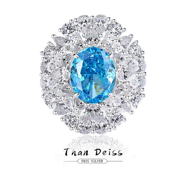 Women's S925 Sterling Silver Aquamarine Inlaid Ice Flower Cut Zircon Ring With Geometric Style