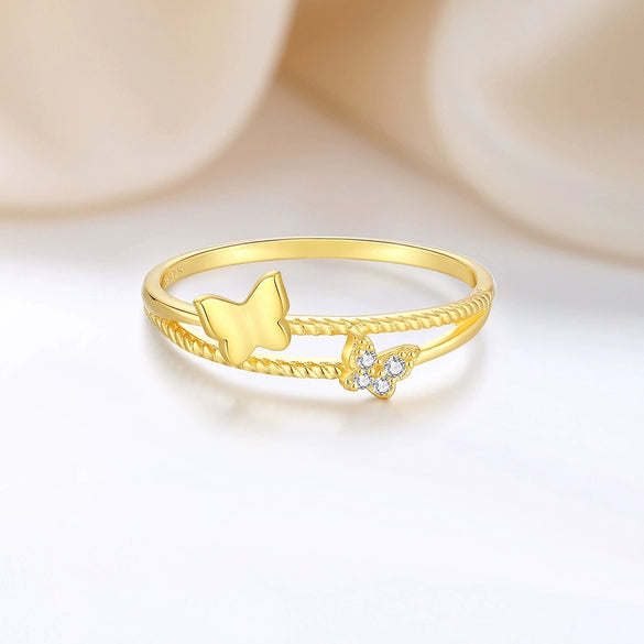 Women's S925 Sterling Silver Butterfly Stacked Ring With Diamond Design And Bow Pattern