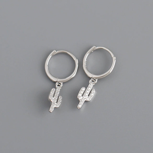 Women's S925 Sterling Silver Cactus Shaped Zirconia Inlay Earrings Plant Style Ear Buckle Earrings