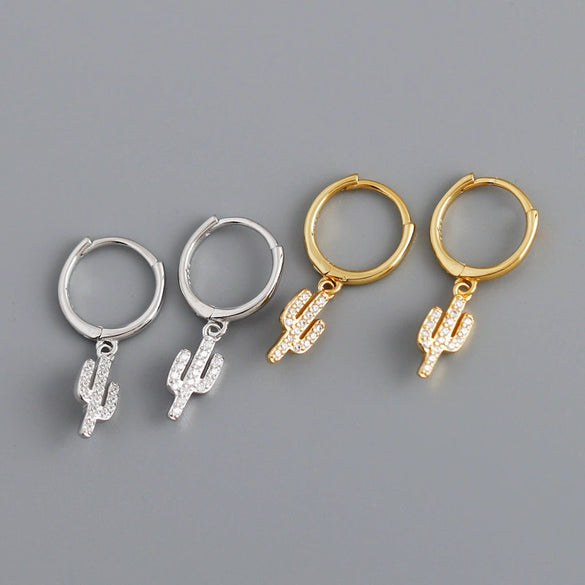 Women's S925 Sterling Silver Cactus Shaped Zirconia Inlay Earrings Plant Style Ear Buckle Earrings