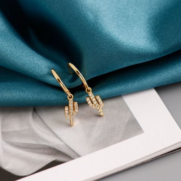 Women's S925 Sterling Silver Cactus Shaped Zirconia Inlay Earrings Plant Style Ear Buckle Earrings