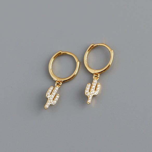 Women's S925 Sterling Silver Cactus Shaped Zirconia Inlay Earrings Plant Style Ear Buckle Earrings