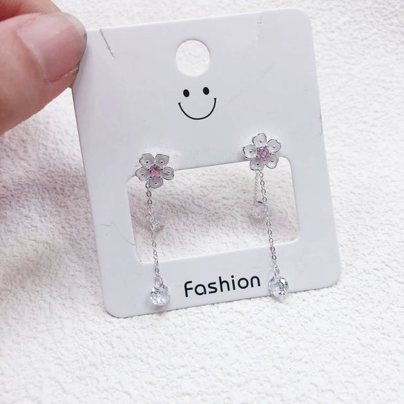 Women's S925 Sterling Silver Cherry Blossom Flower Tassel Earrings With Pink Zircon Light Luxury Electroplated Double Wear Ear Line Design
