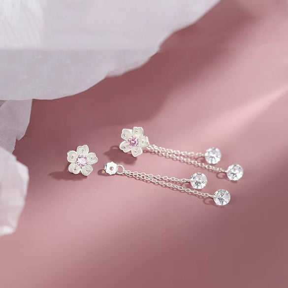 Women's S925 Sterling Silver Cherry Blossom Flower Tassel Earrings With Pink Zircon Light Luxury Electroplated Double Wear Ear Line Design