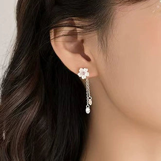 Women's S925 Sterling Silver Cherry Blossom Flower Tassel Earrings With Pink Zircon Light Luxury Electroplated Double Wear Ear Line Design