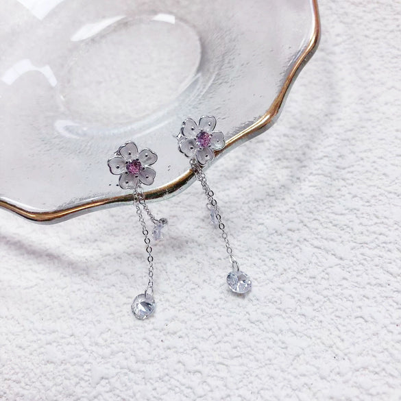 Women's S925 Sterling Silver Cherry Blossom Flower Tassel Earrings With Pink Zircon Light Luxury Electroplated Double Wear Ear Line Design