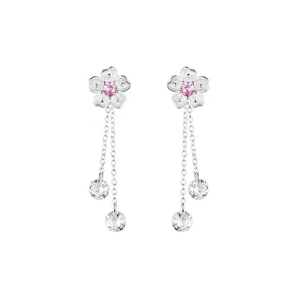 Women's S925 Sterling Silver Cherry Blossom Flower Tassel Earrings With Pink Zircon Light Luxury Electroplated Double Wear Ear Line Design