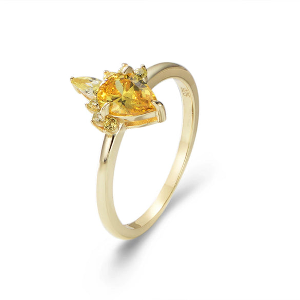 Women's S925 Sterling Silver Crown Dropshaped Yellow Zircon Simulated Diamond Ring