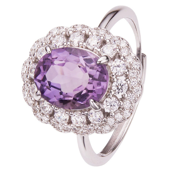 Women's S925 Sterling Silver Crystal Flower Ring Light Luxury Style Natural Topaz Citrine Amethyst Jewelry