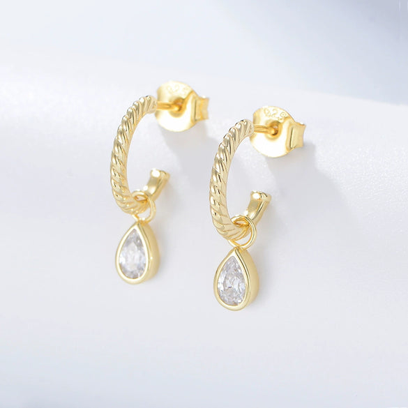 Women's S925 Sterling Silver Cshaped Dropshaped Zircon Earrings