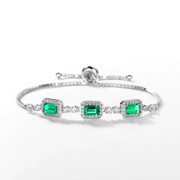 Women's S925 Sterling Silver Cultivated Emerald Diamondencrusted Retro Geometric Bracelet