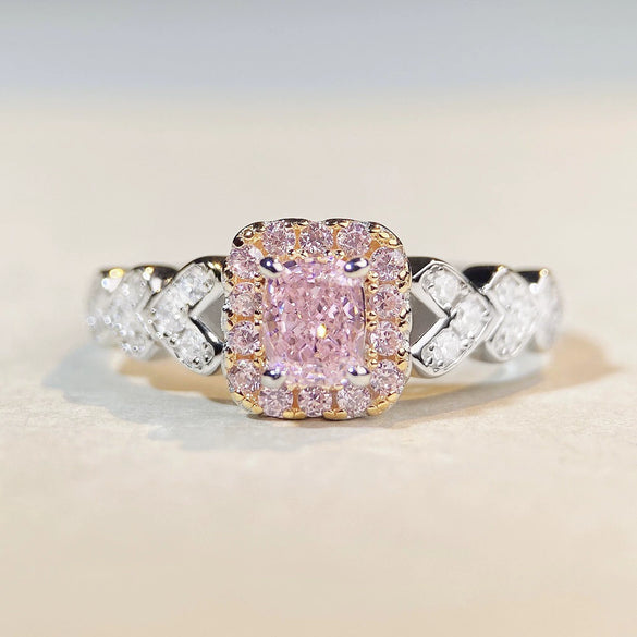 Women's S925 Sterling Silver Cute Simple Pink Heart Ring With Ice Flower Cut Zircon And Diamond Design