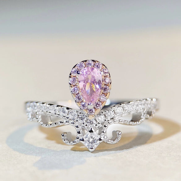 Women's S925 Sterling Silver Cute Simple Pink Heart Ring With Ice Flower Cut Zircon And Diamond Design