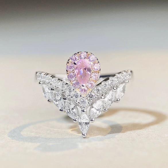 Women's S925 Sterling Silver Cute Simple Pink Heart Ring With Ice Flower Cut Zircon And Diamond Design