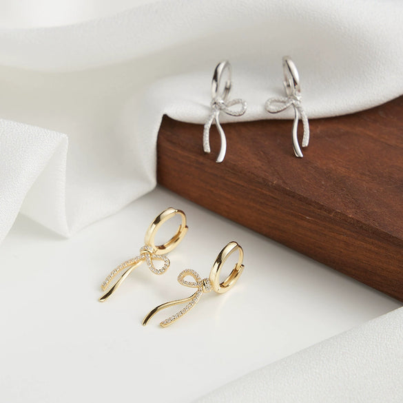 Women's S925 Sterling Silver Diamond Bow Earrings Princess Style