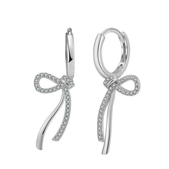 Women's S925 Sterling Silver Diamond Bow Earrings Princess Style