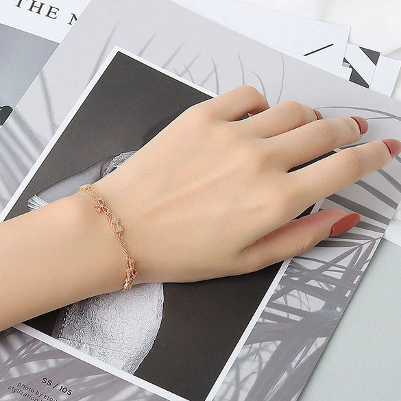 Women's S925 Sterling Silver Double Layer Butterfly And Bow Design Bracelet With Electroplating