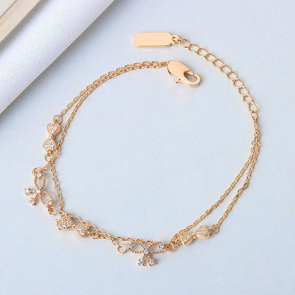 Women's S925 Sterling Silver Double Layer Butterfly And Bow Design Bracelet With Electroplating
