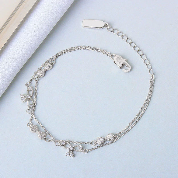 Women's S925 Sterling Silver Double Layer Butterfly And Bow Design Bracelet With Electroplating