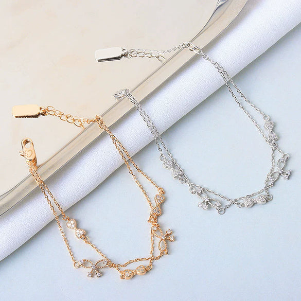 Women's S925 Sterling Silver Double Layer Butterfly And Bow Design Bracelet With Electroplating