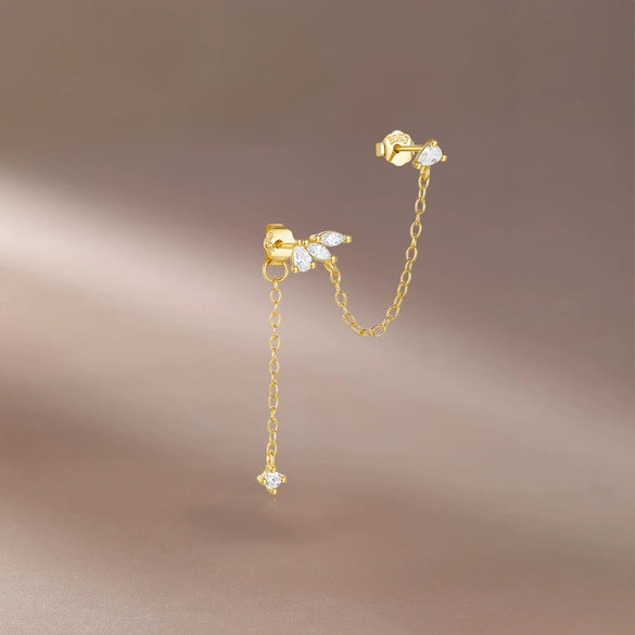 Women's S925 Sterling Silver Double Tassel Long Zircon Electroplated Geometric Earrings