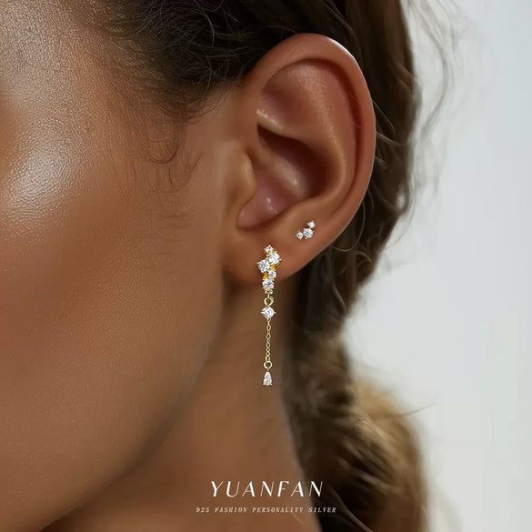 Women's S925 Sterling Silver Drop Shape Tassel Diamond Earrings