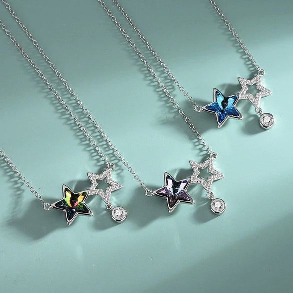 Women's S925 Sterling Silver Fivepointed Star Necklace With Austrian Crystal And Cross Chain