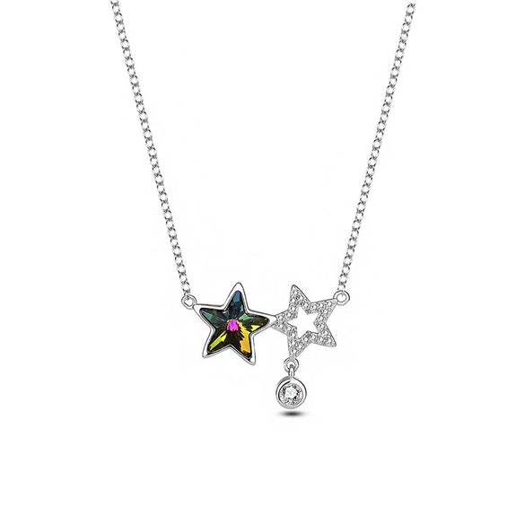Women's S925 Sterling Silver Fivepointed Star Necklace With Austrian Crystal And Cross Chain