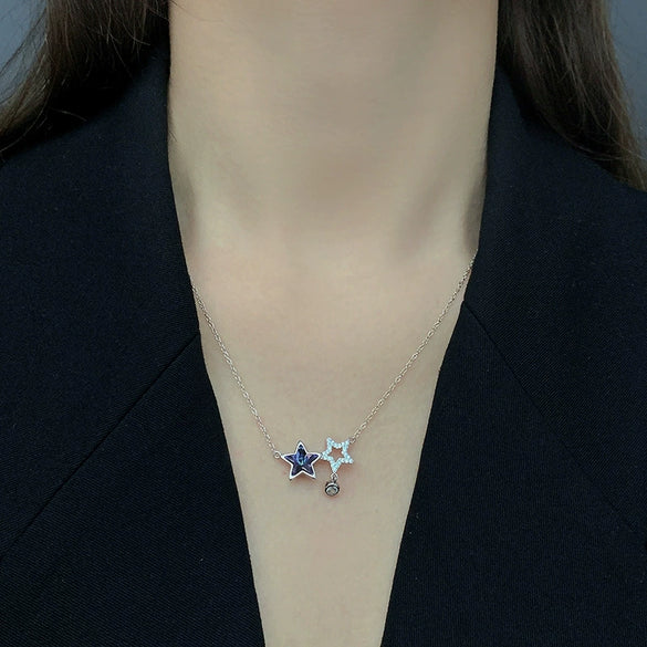 Women's S925 Sterling Silver Fivepointed Star Necklace With Austrian Crystal And Cross Chain