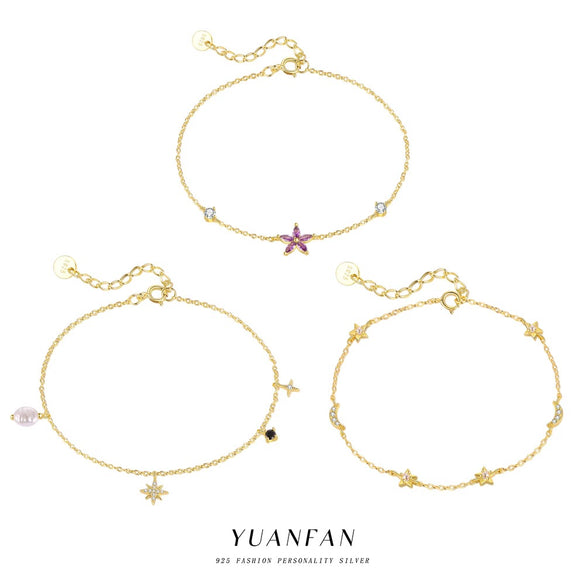 Women's S925 Sterling Silver Flower And Fivepointed Star Zirconia Bracelet Light Luxury Simple Trendy