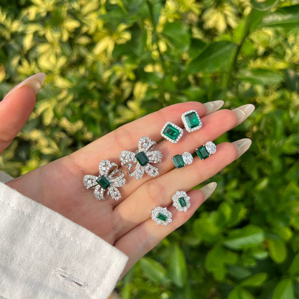 Women's S925 Sterling Silver Fourleaf Clover Butterfly Geometric Emerald Yellow Zirconium Electroplated Earrings