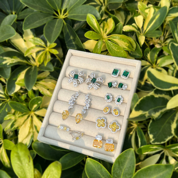 Women's S925 Sterling Silver Fourleaf Clover Butterfly Geometric Emerald Yellow Zirconium Electroplated Earrings